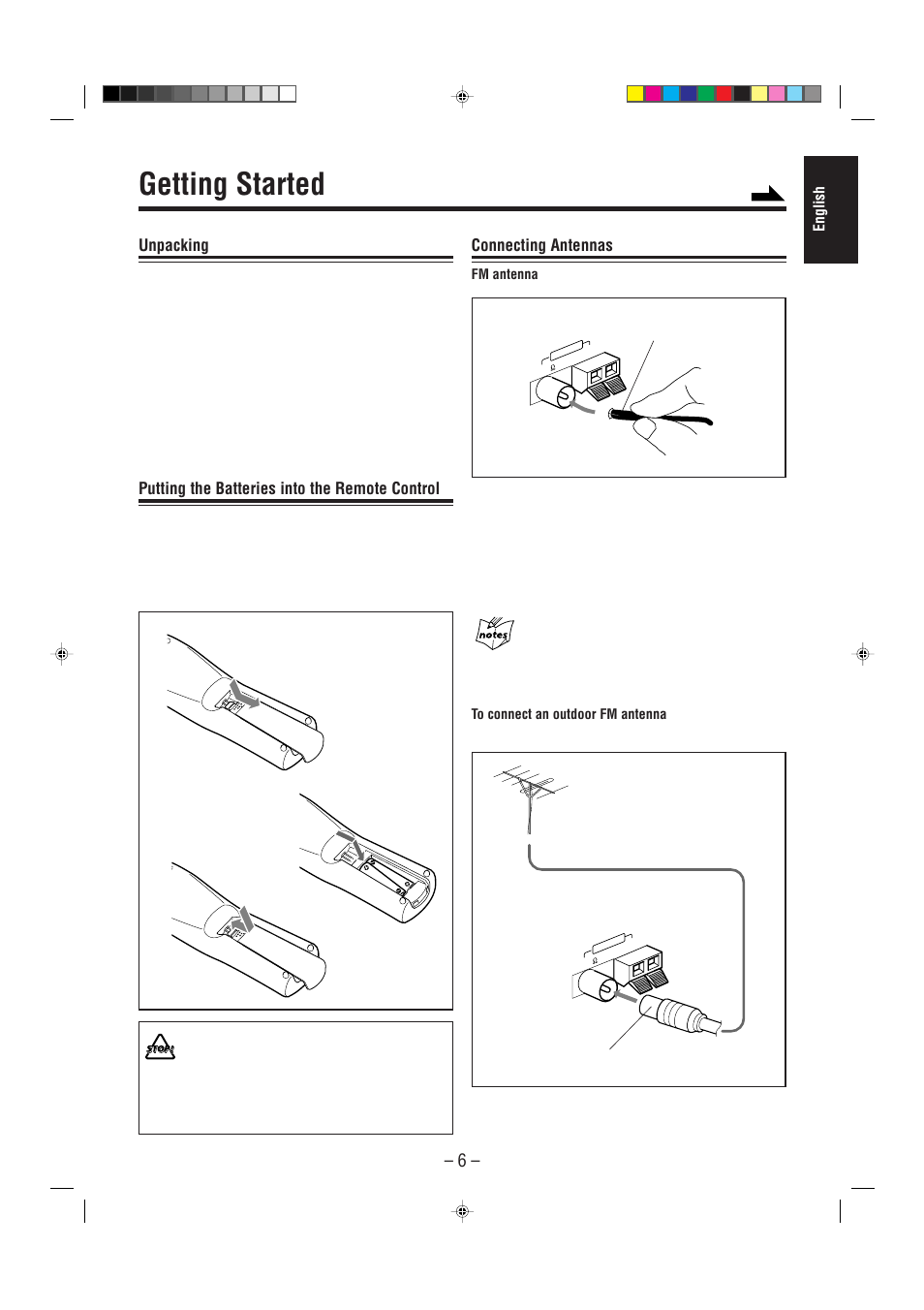 Getting started, Unpacking, Putting the batteries into the remote control | Connecting antennas | JVC CA-MXG50 User Manual | Page 11 / 34