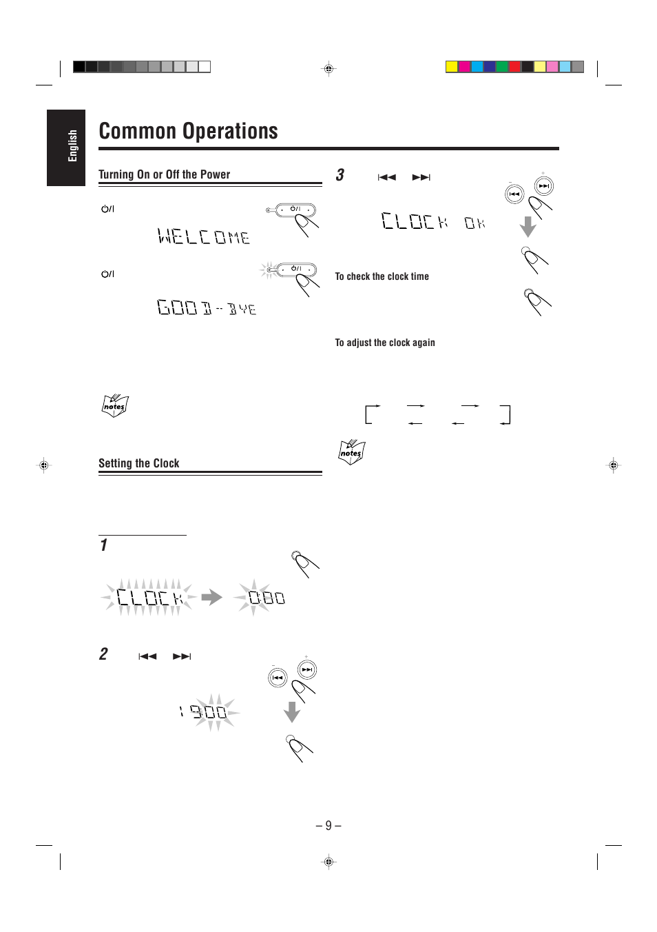 Common operations, Turning on or off the power, Setting the clock | JVC CA-MXG50 User Manual | Page 14 / 34