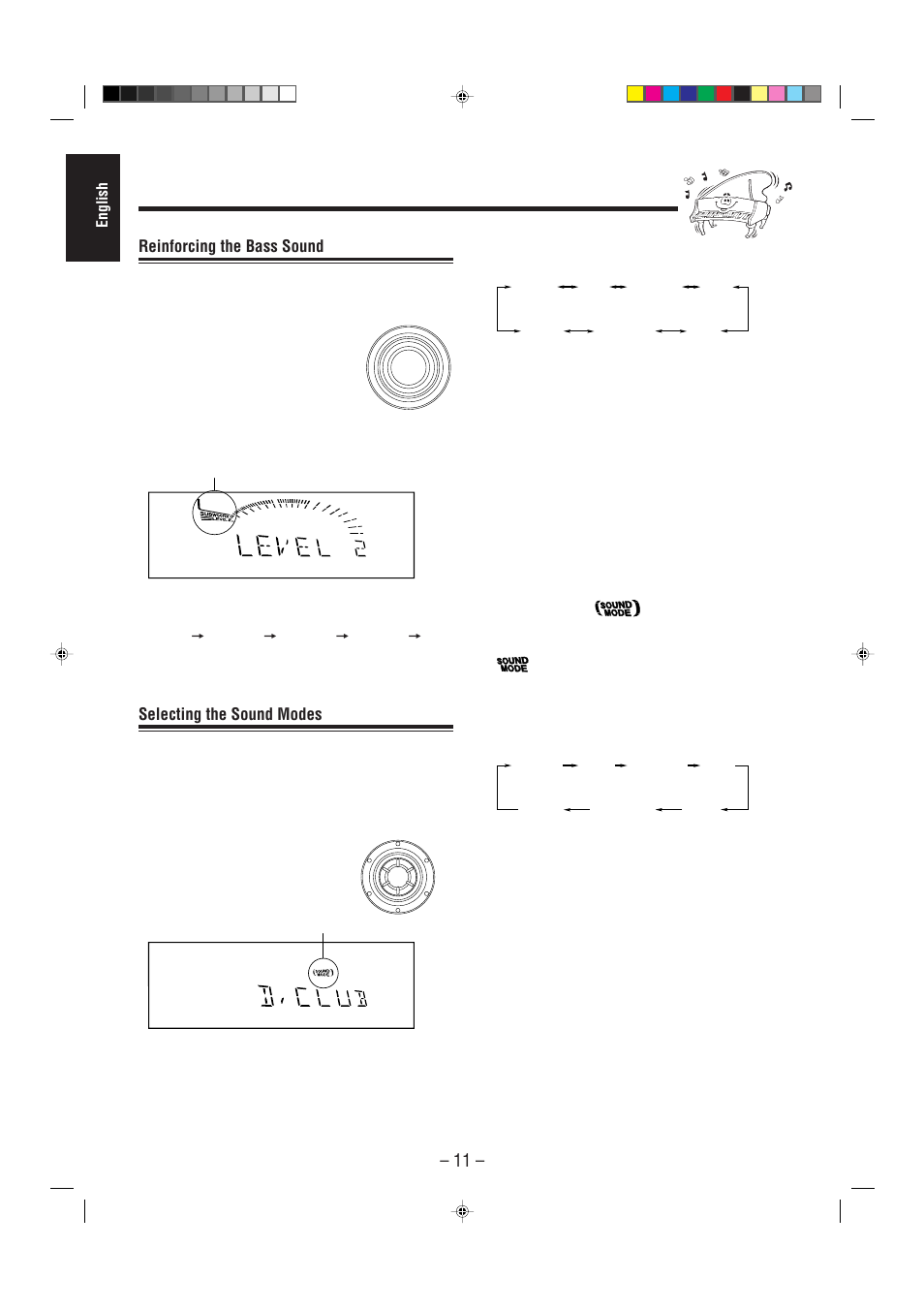 Reinforcing the bass sound, Selecting the sound modes, English | JVC CA-MXG50 User Manual | Page 16 / 34