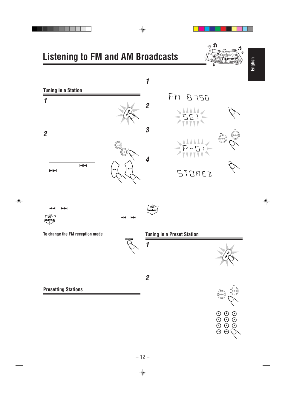 Listening to fm and am broadcasts, Tuning in a station, Presetting stations | Tuning in a preset station | JVC CA-MXG50 User Manual | Page 17 / 34