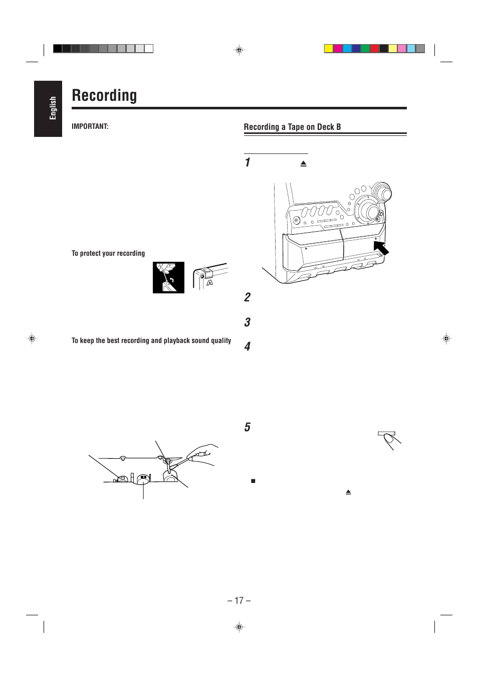 Recording, Recording a tape on deck b | JVC CA-MXG50 User Manual | Page 22 / 34