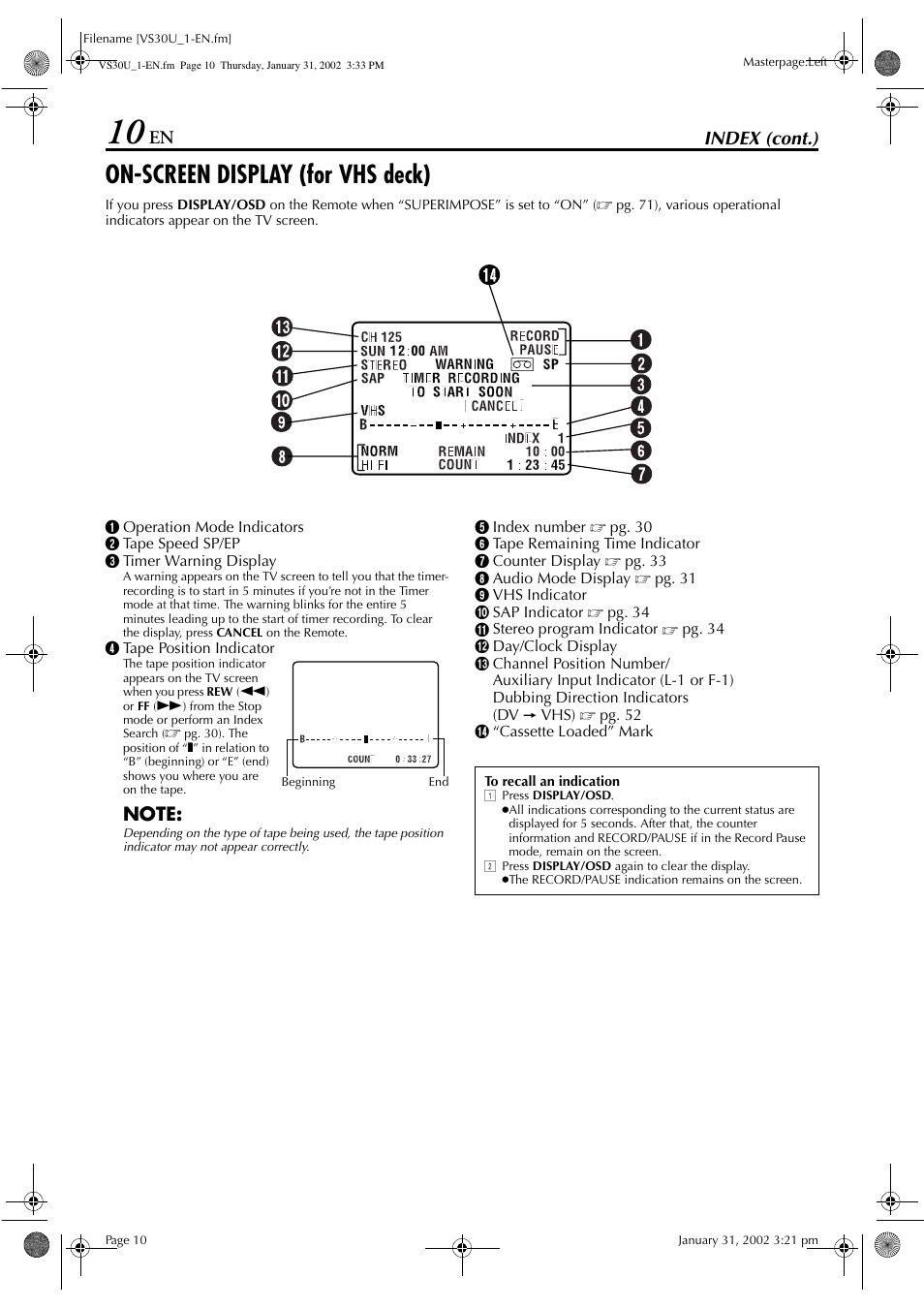 On-screen display (for vhs deck), Index (cont.) | JVC SR-VS30U User Manual | Page 10 / 84