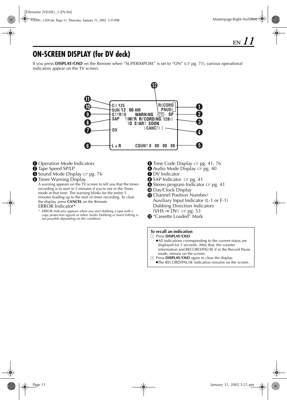 On-screen display (for dv deck) | JVC SR-VS30U User Manual | Page 11 / 84