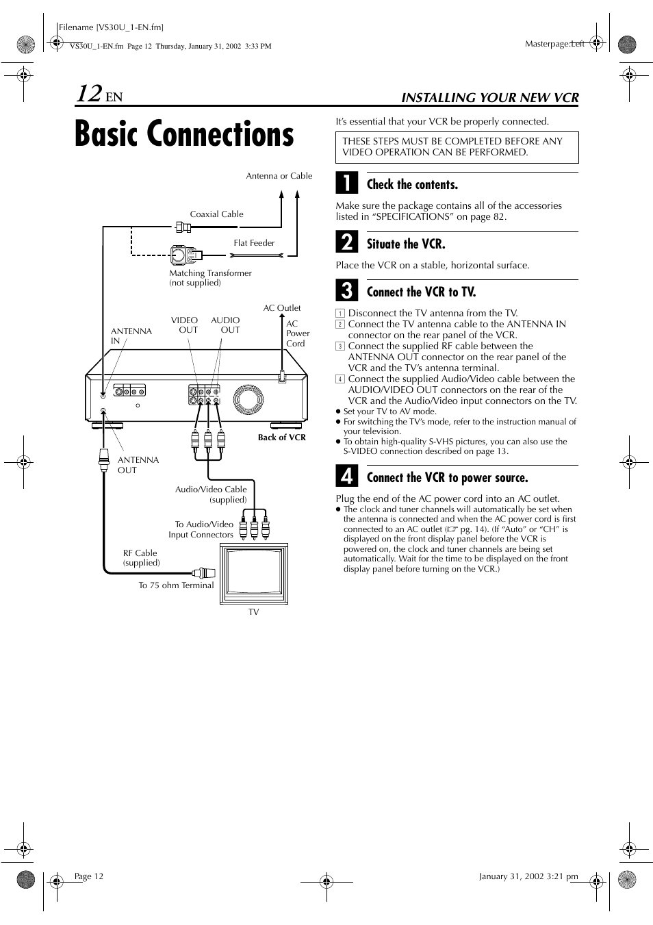 Basic connections | JVC SR-VS30U User Manual | Page 12 / 84