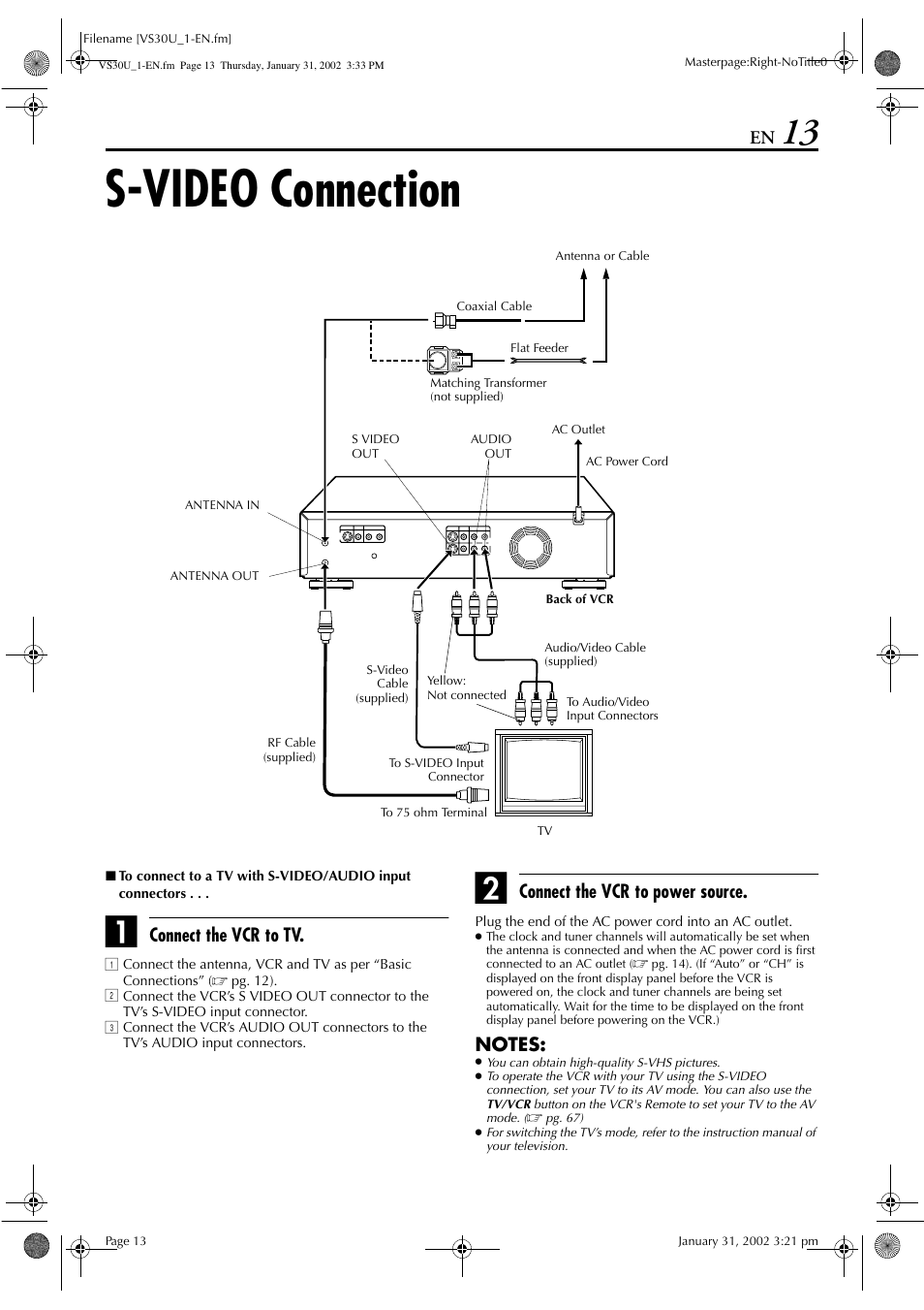 S-video connection, Connect the vcr to tv, Connect the vcr to power source | JVC SR-VS30U User Manual | Page 13 / 84