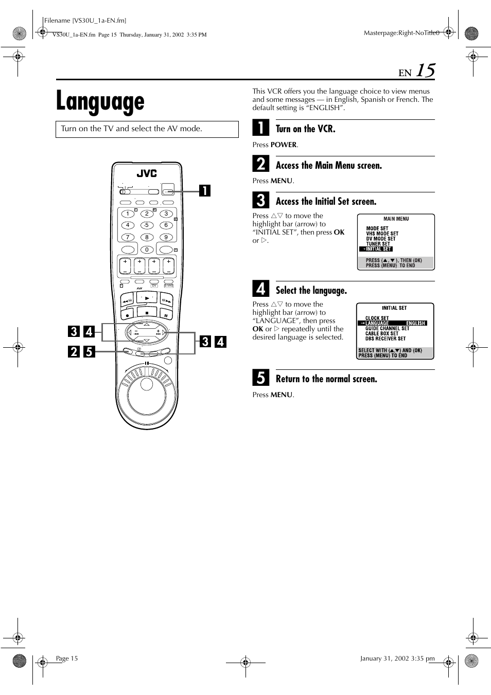 Language | JVC SR-VS30U User Manual | Page 15 / 84