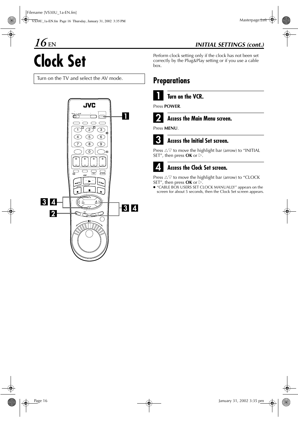 Clock set, Preparations | JVC SR-VS30U User Manual | Page 16 / 84