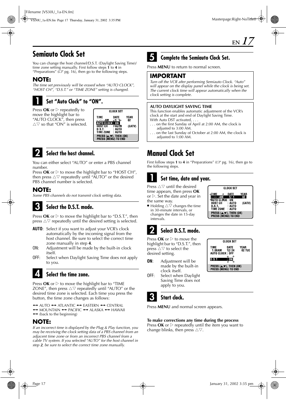 Semiauto clock set, Manual clock set | JVC SR-VS30U User Manual | Page 17 / 84