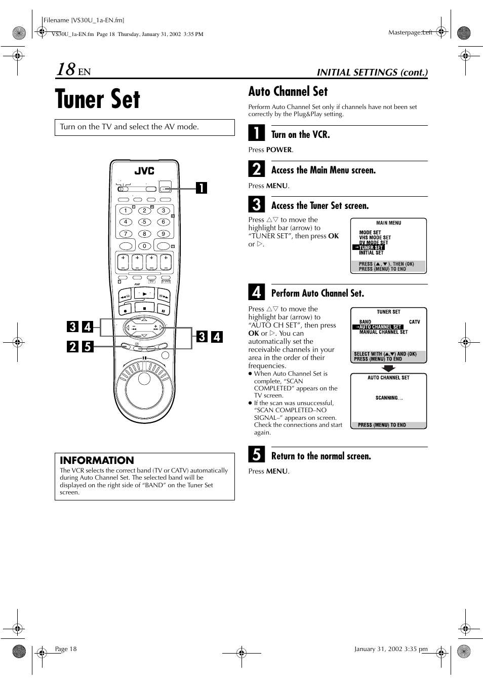 Tuner set, Auto channel set | JVC SR-VS30U User Manual | Page 18 / 84