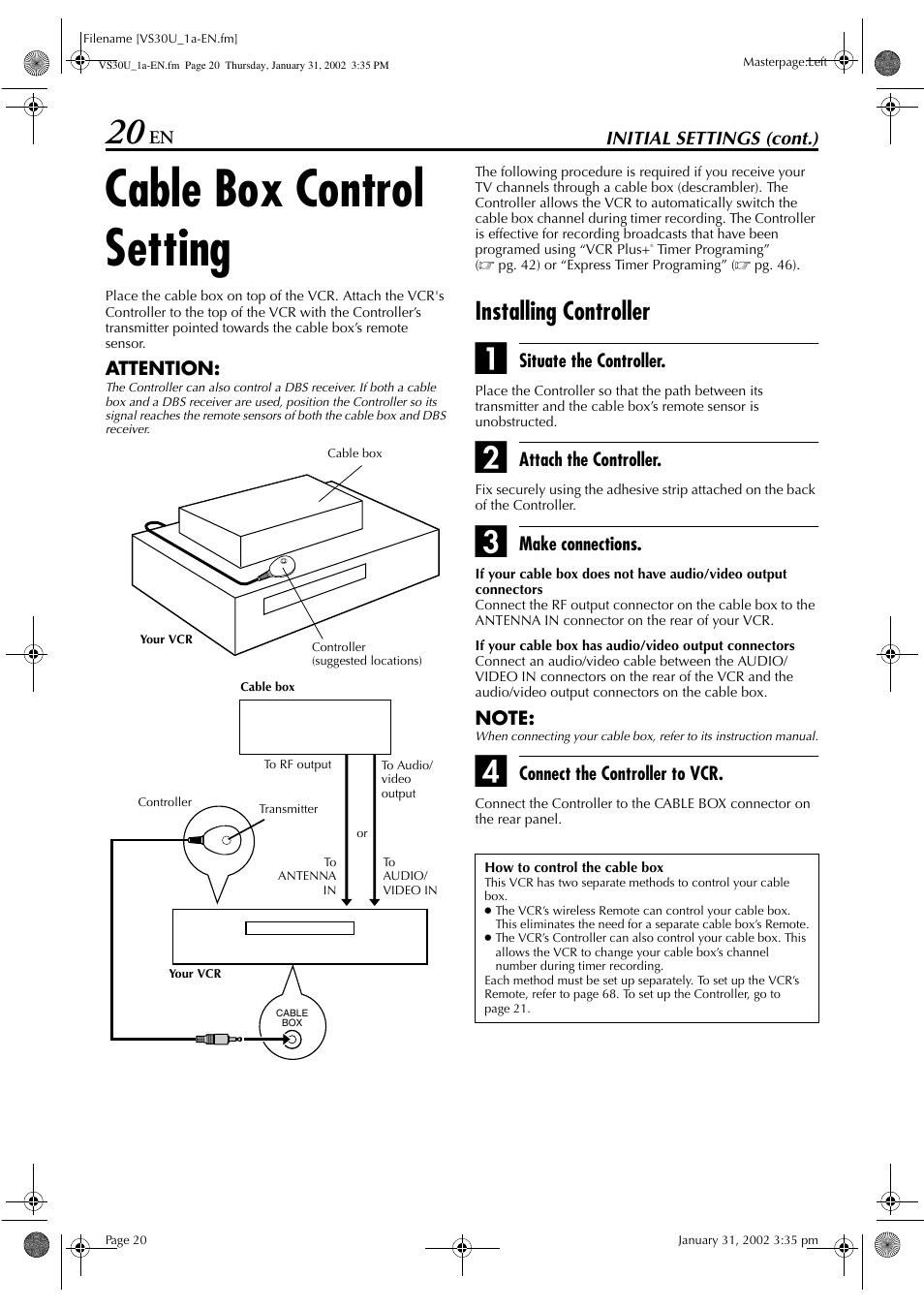 Cable box control setting, Installing controller | JVC SR-VS30U User Manual | Page 20 / 84