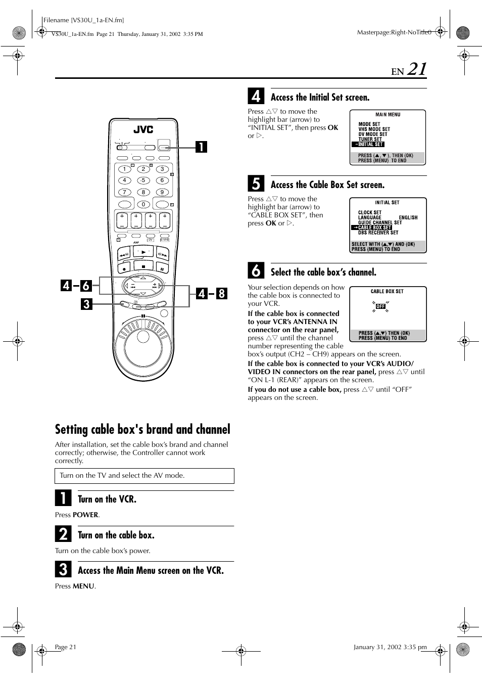 Setting cable box's brand and channel | JVC SR-VS30U User Manual | Page 21 / 84