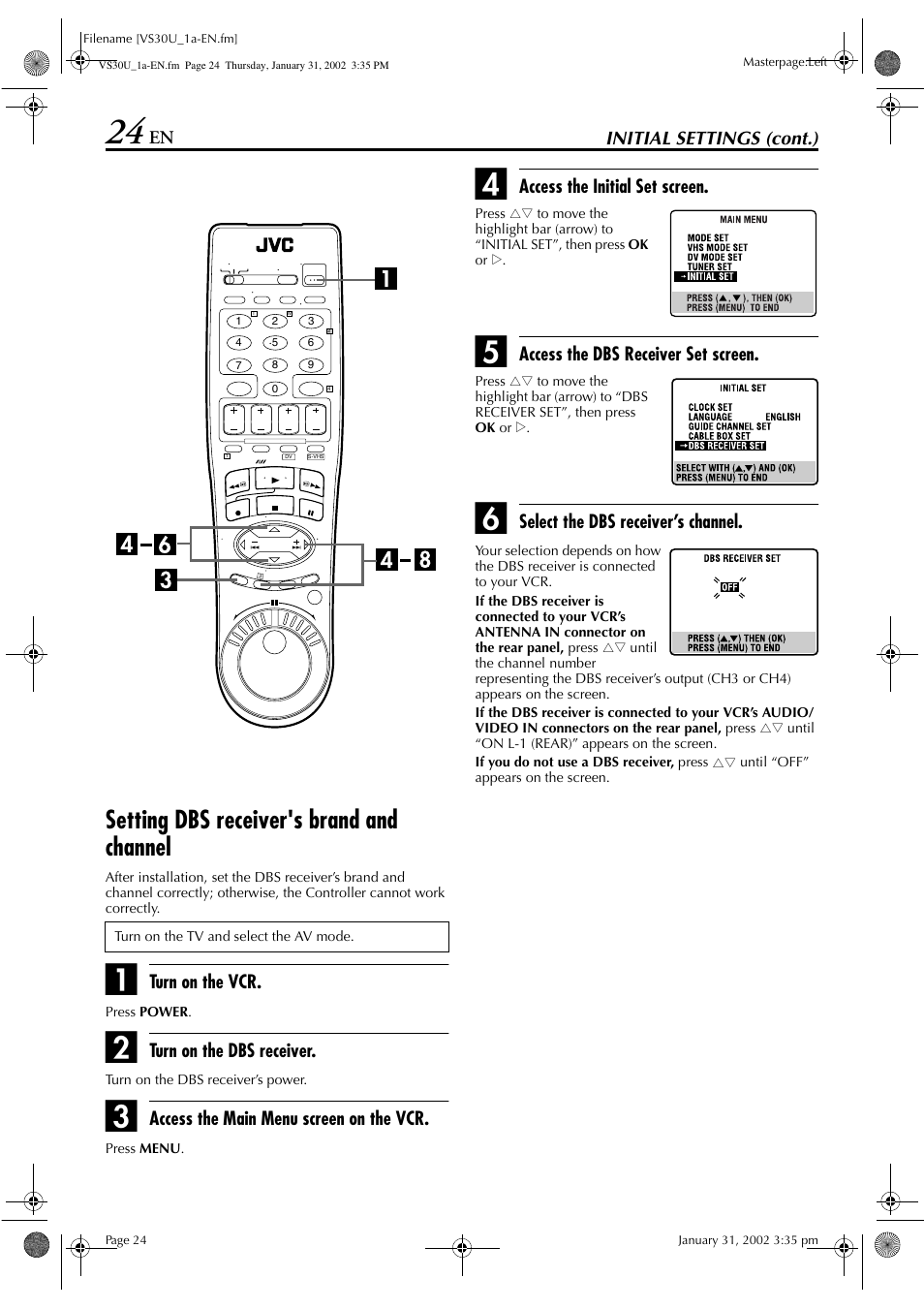 Setting dbs receiver's brand and channel | JVC SR-VS30U User Manual | Page 24 / 84