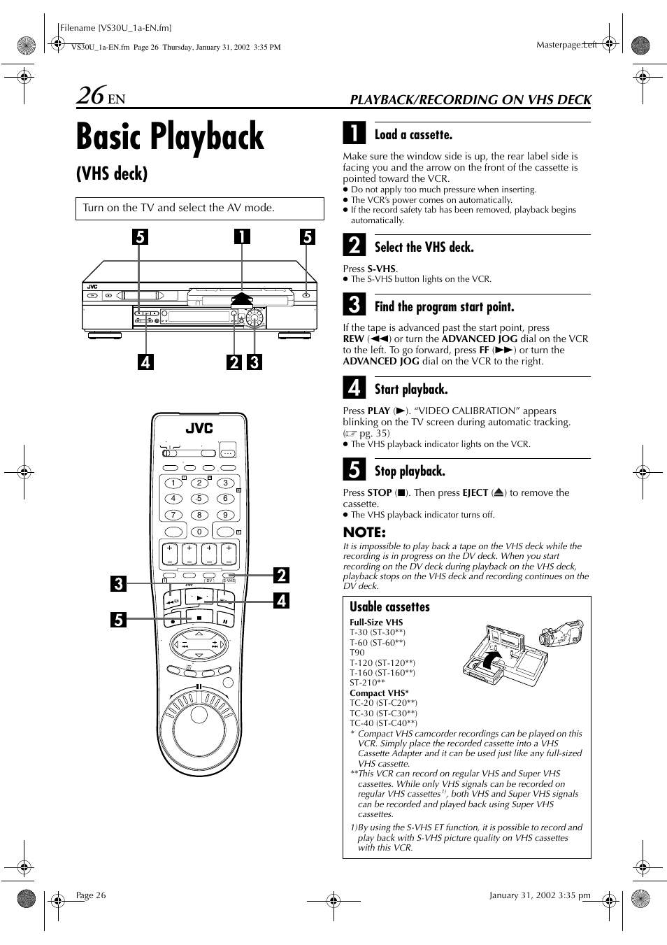 Basic playback, Vhs deck), Playback/recording on vhs deck | Load a cassette, Select the vhs deck, Find the program start point, Start playback, Stop playback, Usable cassettes | JVC SR-VS30U User Manual | Page 26 / 84