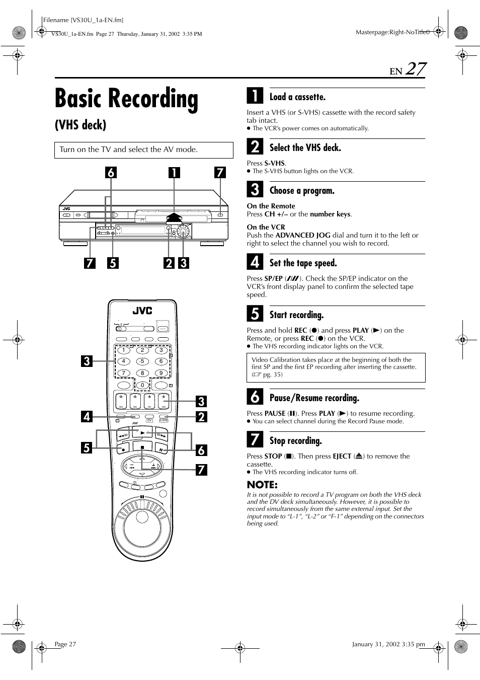 Basic recording, Vhs deck) | JVC SR-VS30U User Manual | Page 27 / 84