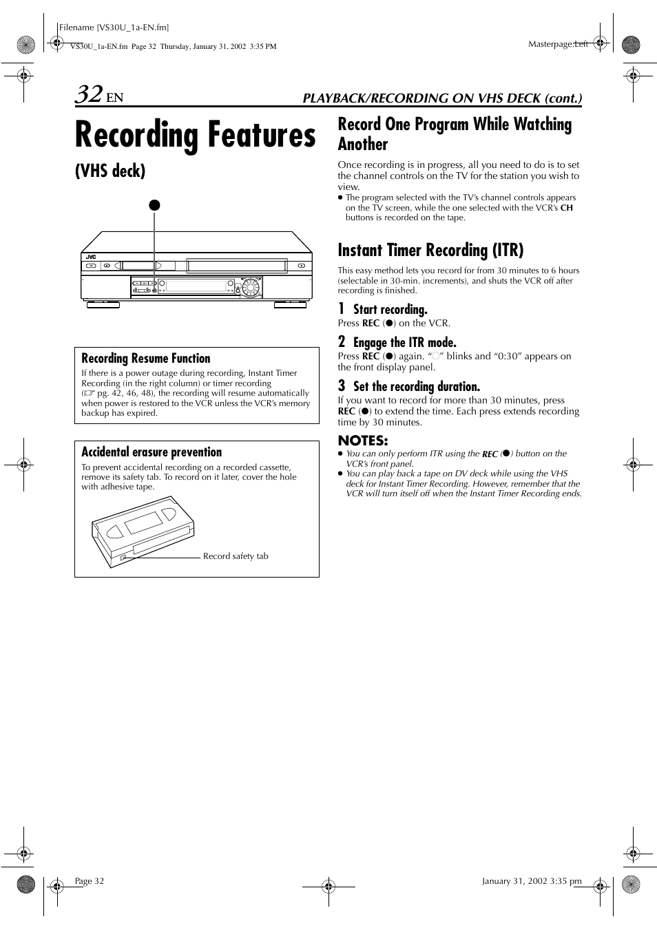 Recording features, Instant timer recording (itr) | JVC SR-VS30U User Manual | Page 32 / 84