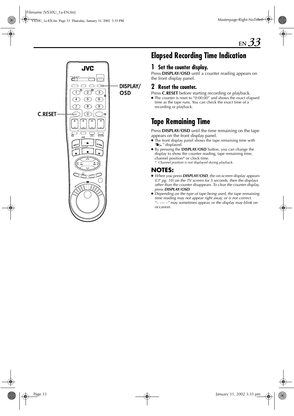 Elapsed recording time indication, Tape remaining time, Set the counter display | Reset the counter | JVC SR-VS30U User Manual | Page 33 / 84