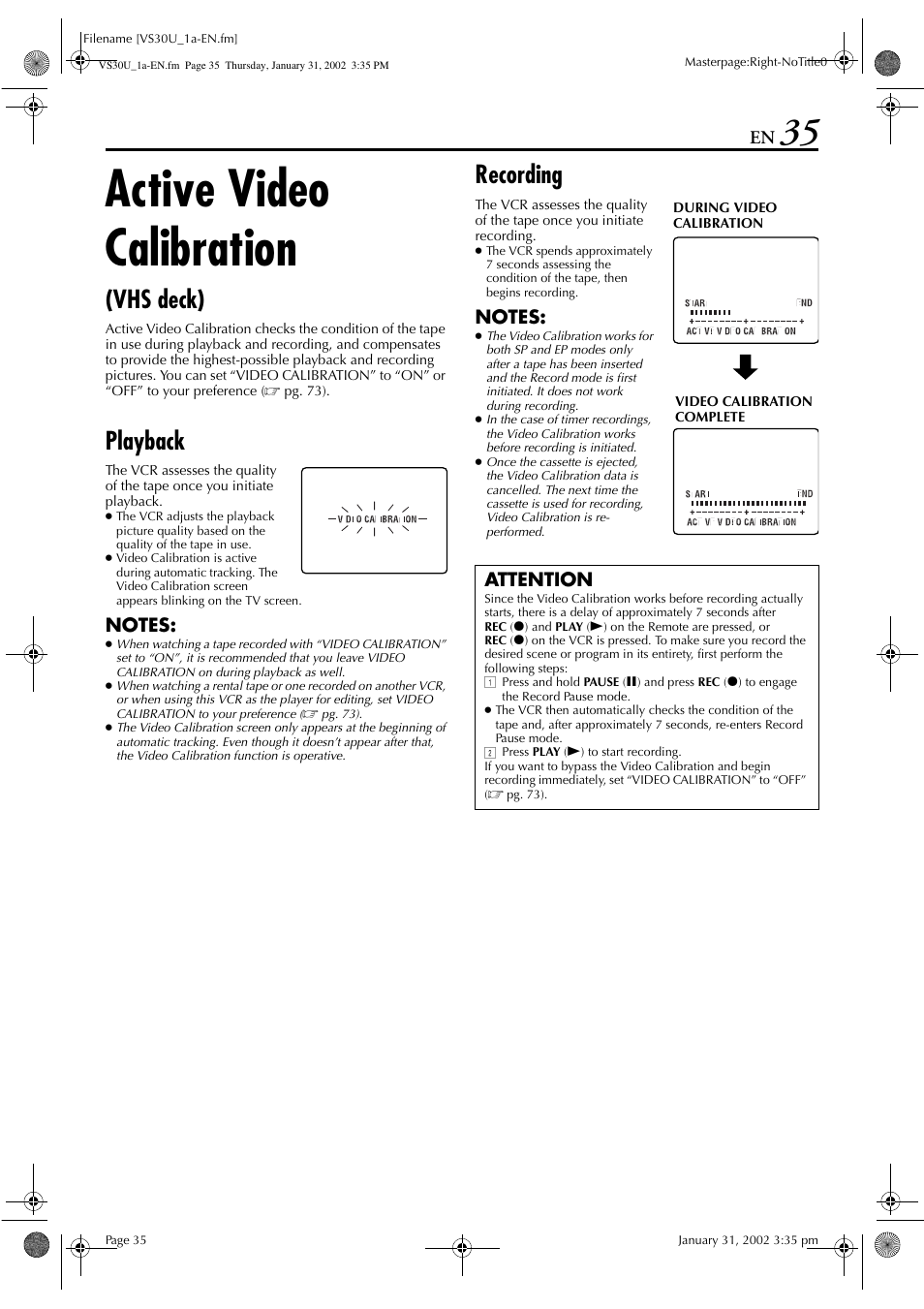 Active video calibration, Vhs deck), Playback | Recording, Attention | JVC SR-VS30U User Manual | Page 35 / 84