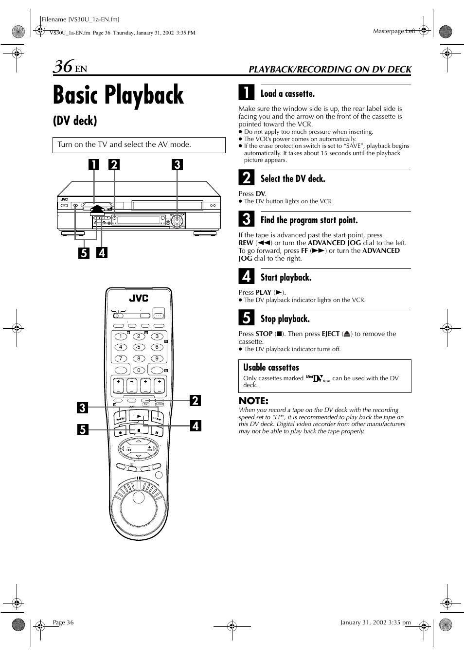 Basic playback, Dv deck) | JVC SR-VS30U User Manual | Page 36 / 84
