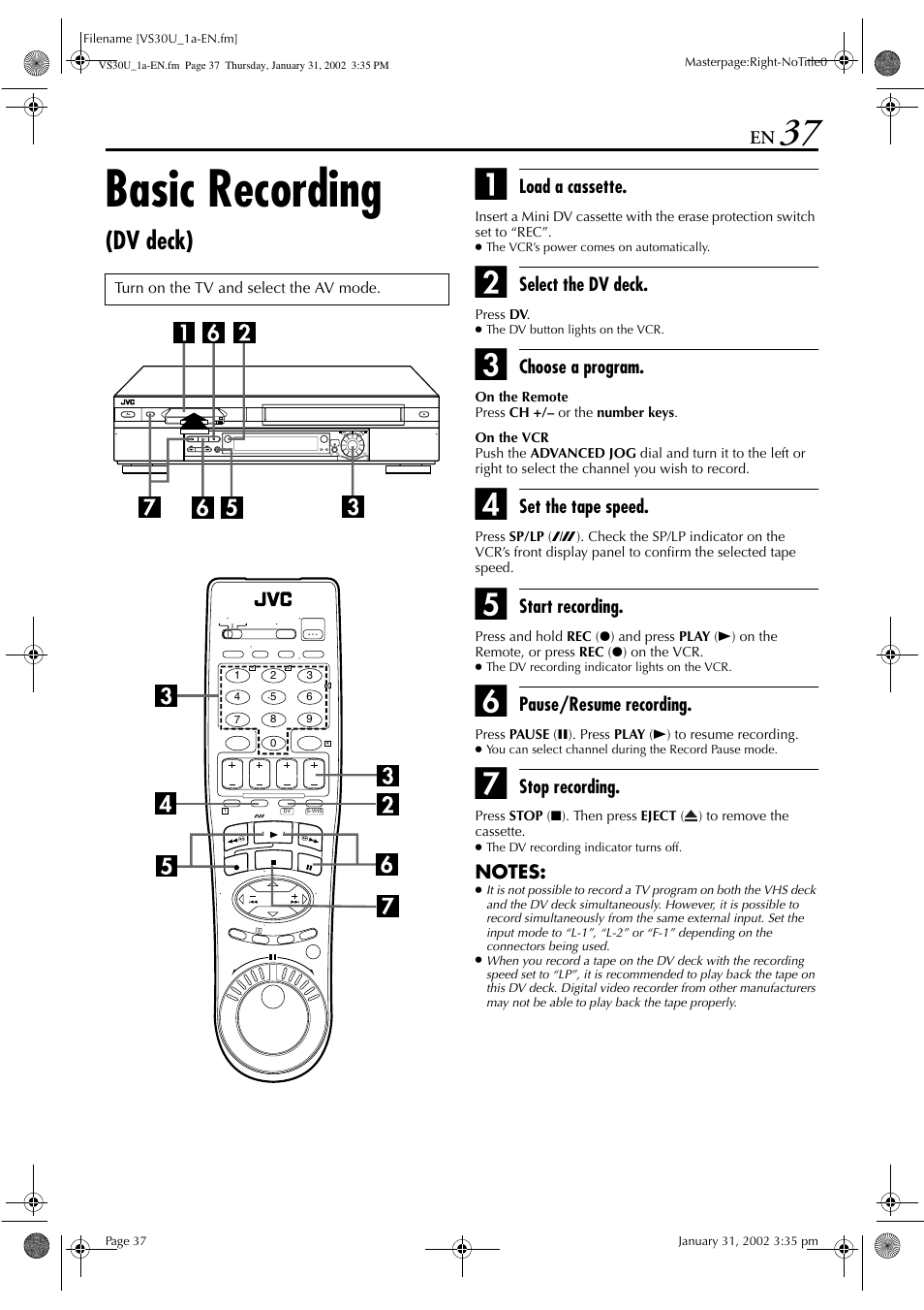 Basic recording, Dv deck) | JVC SR-VS30U User Manual | Page 37 / 84