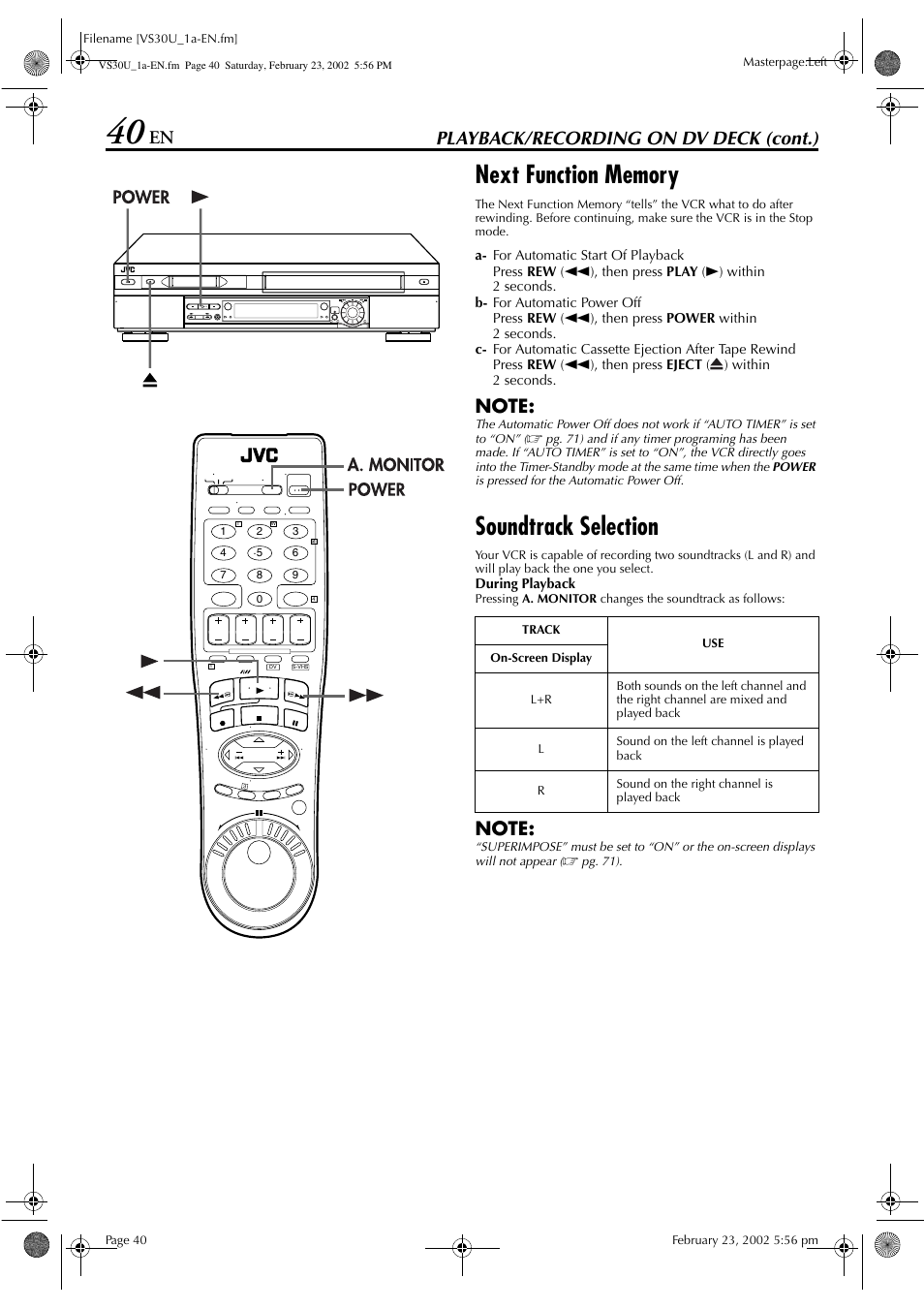 Soundtrack selection, Playback/recording on dv deck (cont.) | JVC SR-VS30U User Manual | Page 40 / 84