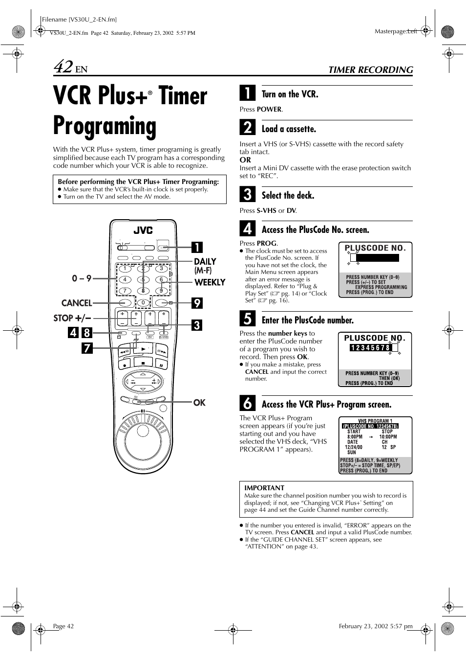 Vcr plus, Timer programing | JVC SR-VS30U User Manual | Page 42 / 84