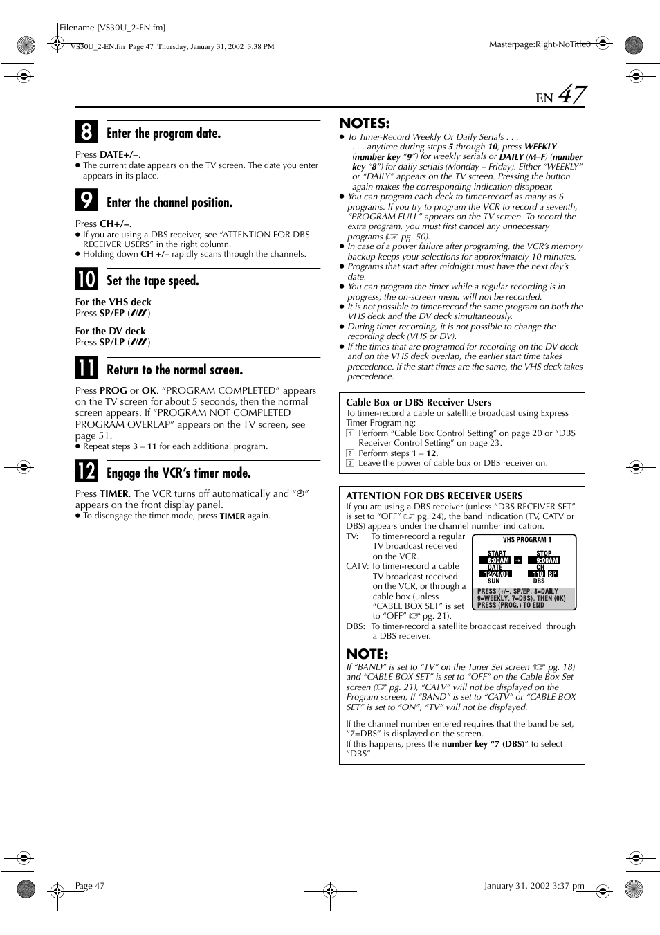 Enter the program date, Enter the channel position, Set the tape speed | Return to the normal screen, Engage the vcr’s timer mode | JVC SR-VS30U User Manual | Page 47 / 84