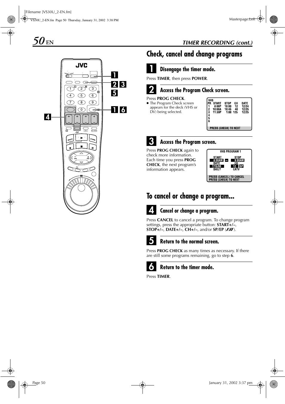 Check, cancel and change programs | JVC SR-VS30U User Manual | Page 50 / 84