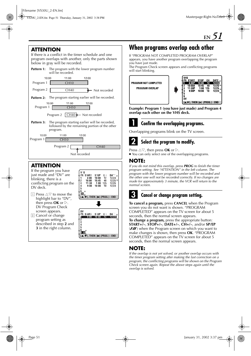 When programs overlap each other, Confirm the overlapping programs, Select the program to modify | Cancel or change program setting, Attention | JVC SR-VS30U User Manual | Page 51 / 84