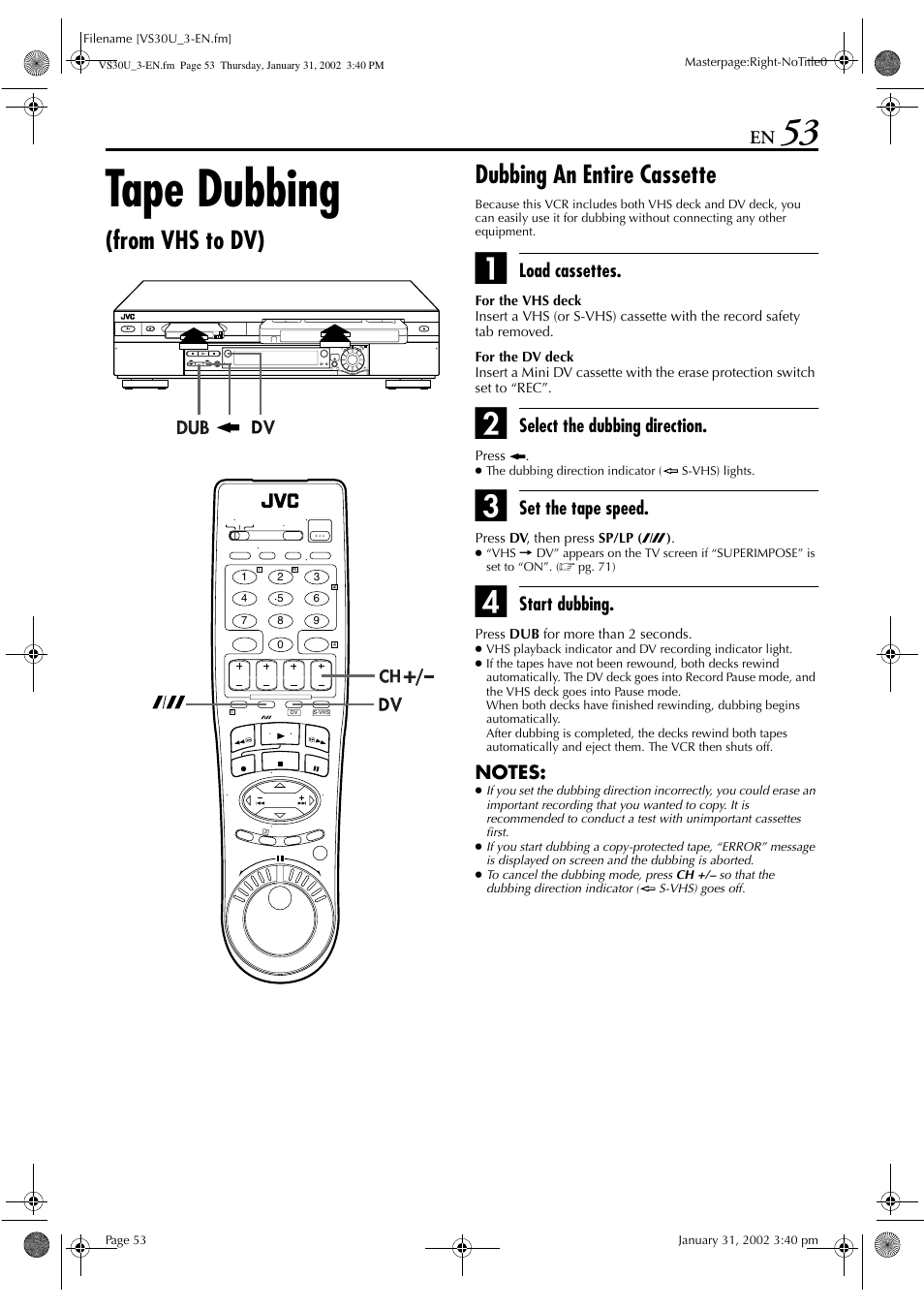 Tape dubbing, Load cassettes, Select the dubbing direction | Set the tape speed, Start dubbing | JVC SR-VS30U User Manual | Page 53 / 84