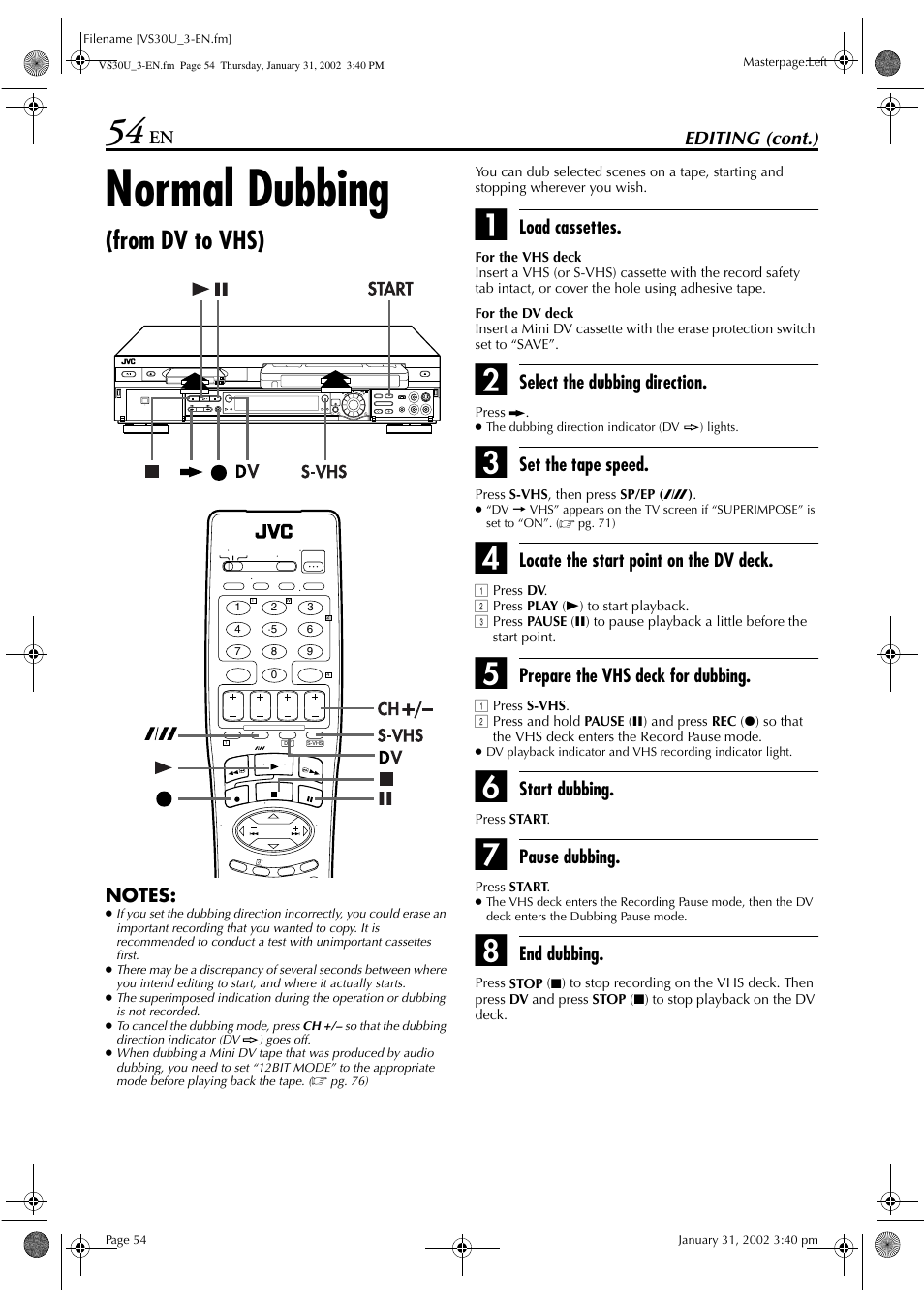 Normal dubbing | JVC SR-VS30U User Manual | Page 54 / 84