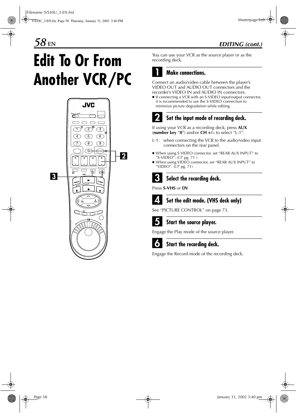 Edit to or from another vcr/pc | JVC SR-VS30U User Manual | Page 58 / 84