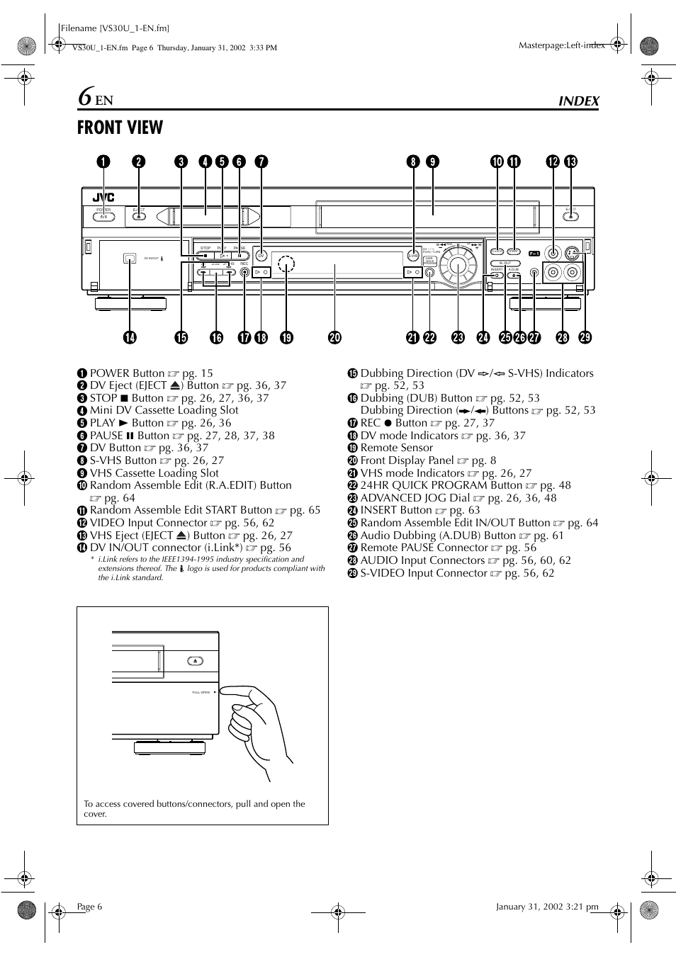 Front view, Index | JVC SR-VS30U User Manual | Page 6 / 84