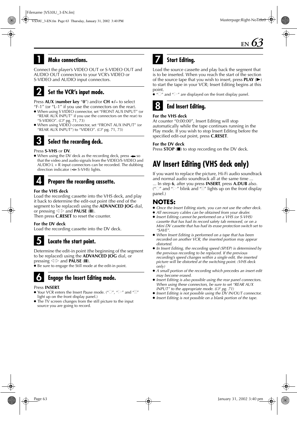 Av insert editing (vhs deck only) | JVC SR-VS30U User Manual | Page 63 / 84