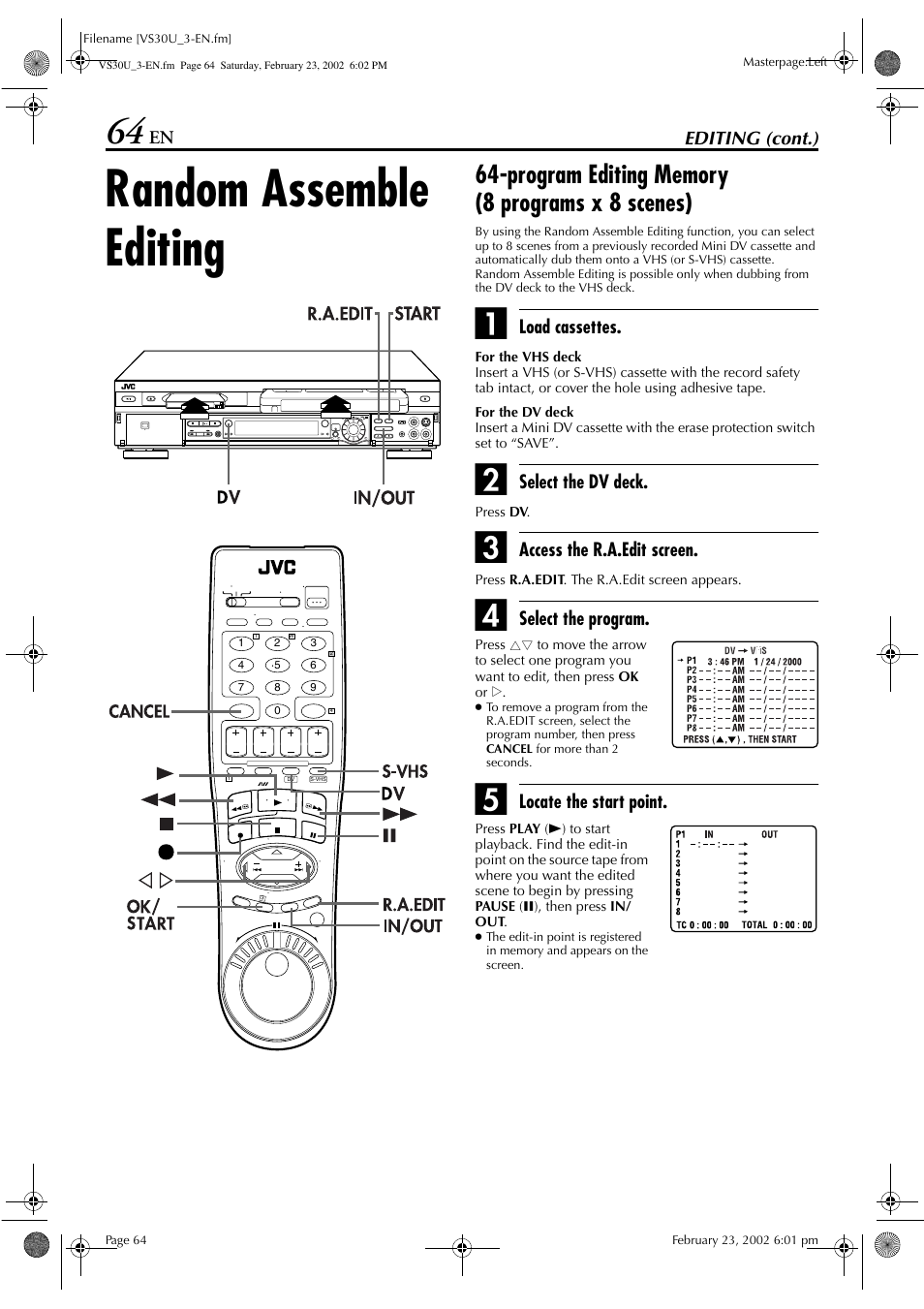 Random assemble editing | JVC SR-VS30U User Manual | Page 64 / 84