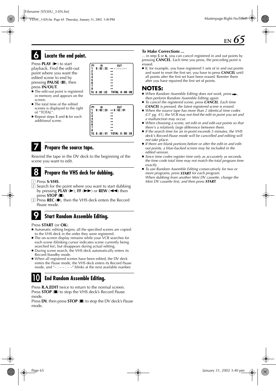 Locate the end point, Prepare the source tape, Prepare the vhs deck for dubbing | Start random assemble editing, End random assemble editing | JVC SR-VS30U User Manual | Page 65 / 84