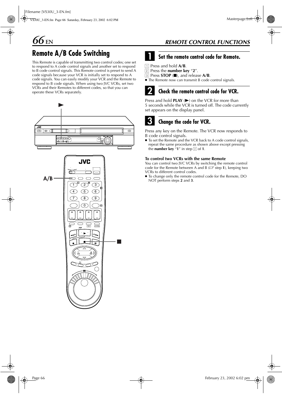 Remote a/b code switching, Remote control functions, Set the remote control code for remote | Check the remote control code for vcr, Change the code for vcr | JVC SR-VS30U User Manual | Page 66 / 84