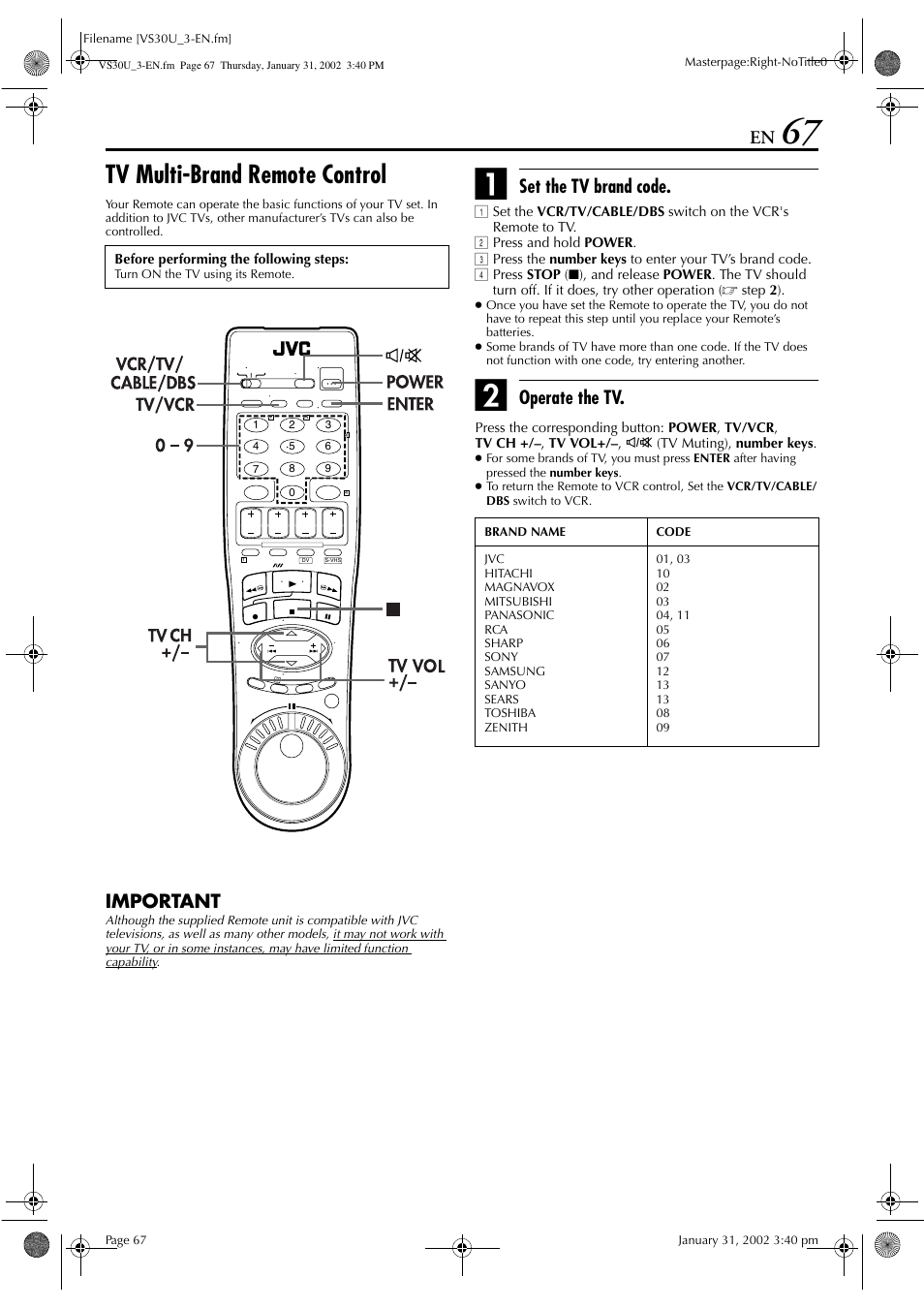 Tv multi-brand remote control, Important, Set the tv brand code | Operate the tv | JVC SR-VS30U User Manual | Page 67 / 84