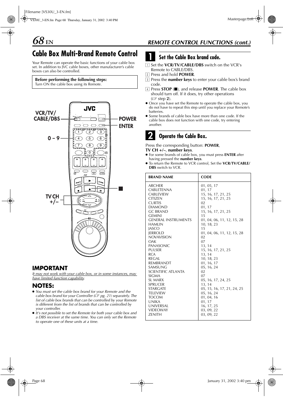 Cable box multi-brand remote control, Remote control functions (cont.), Important | Set the cable box brand code, Operate the cable box | JVC SR-VS30U User Manual | Page 68 / 84