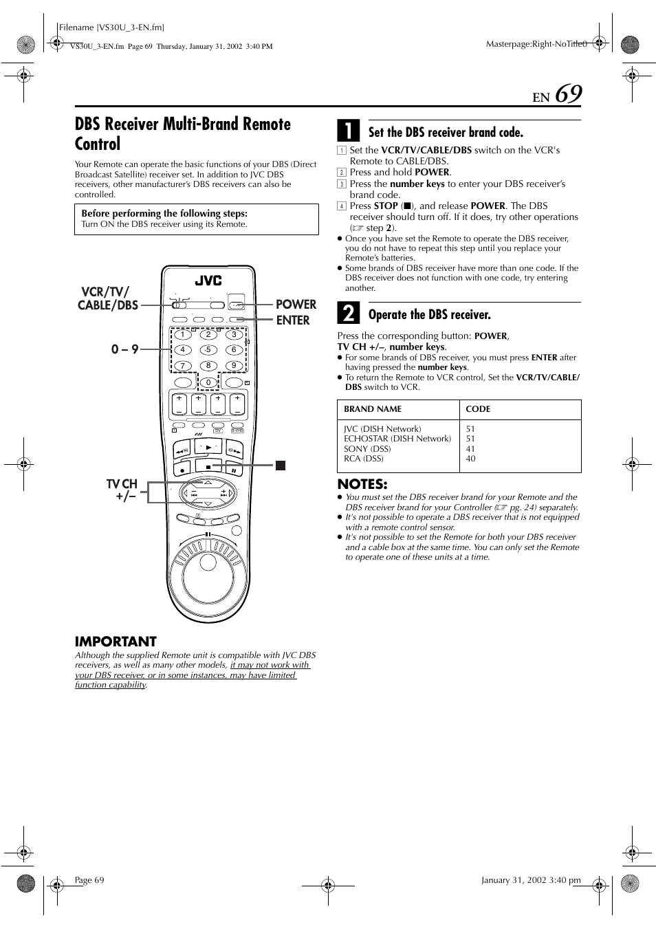 Dbs receiver multi-brand remote control, Important, Set the dbs receiver brand code | Operate the dbs receiver | JVC SR-VS30U User Manual | Page 69 / 84