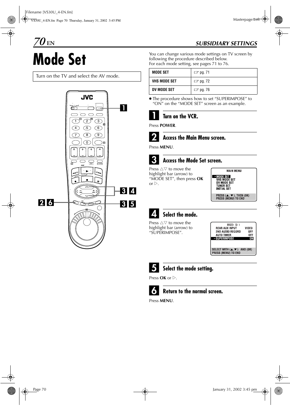 Mode set | JVC SR-VS30U User Manual | Page 70 / 84