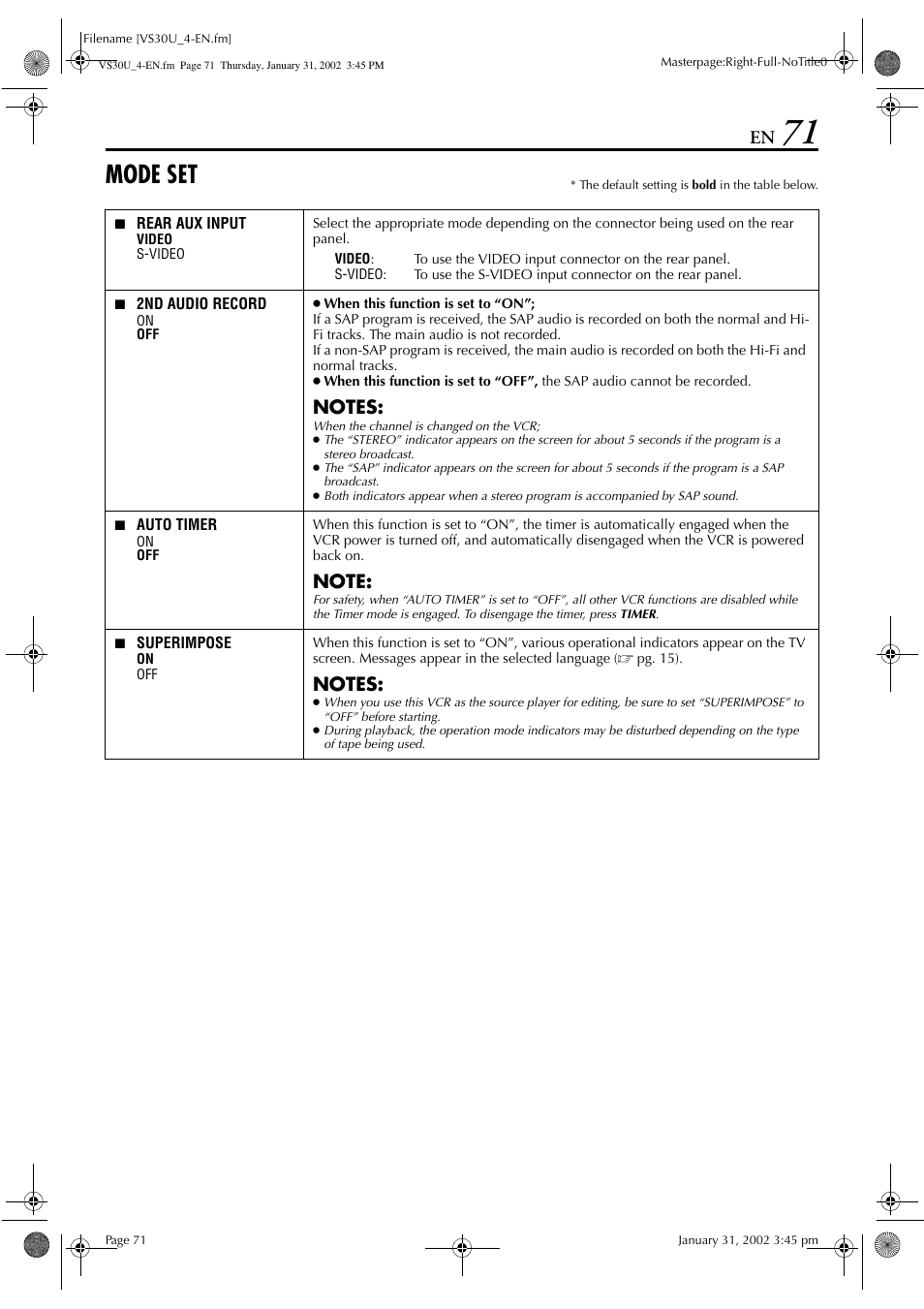 Mode set | JVC SR-VS30U User Manual | Page 71 / 84