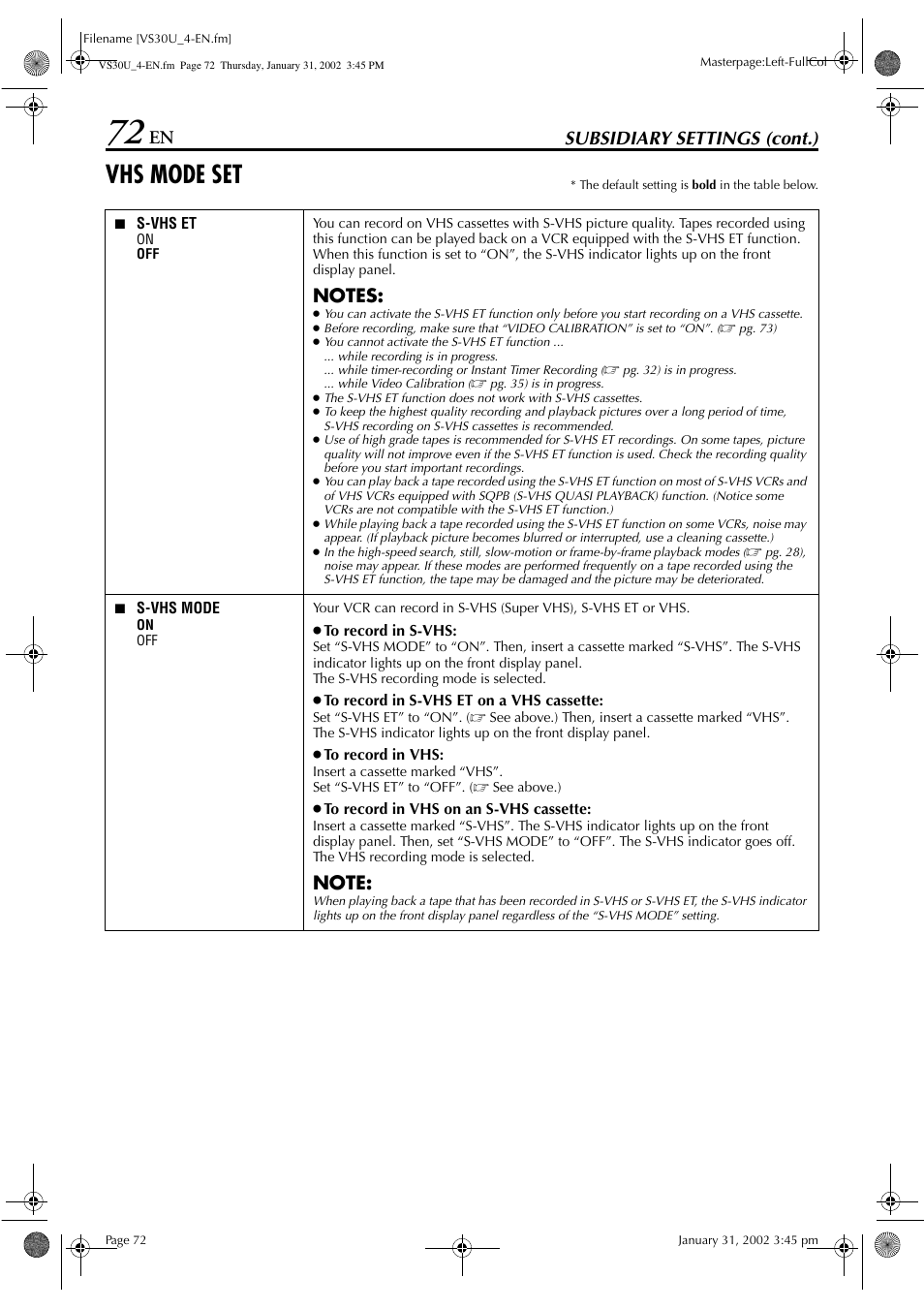 Vhs mode set, Subsidiary settings (cont.) | JVC SR-VS30U User Manual | Page 72 / 84