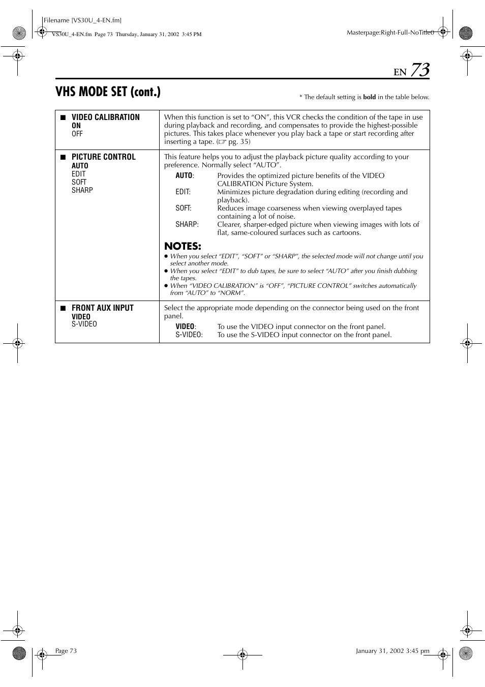 Vhs mode set (cont.) | JVC SR-VS30U User Manual | Page 73 / 84