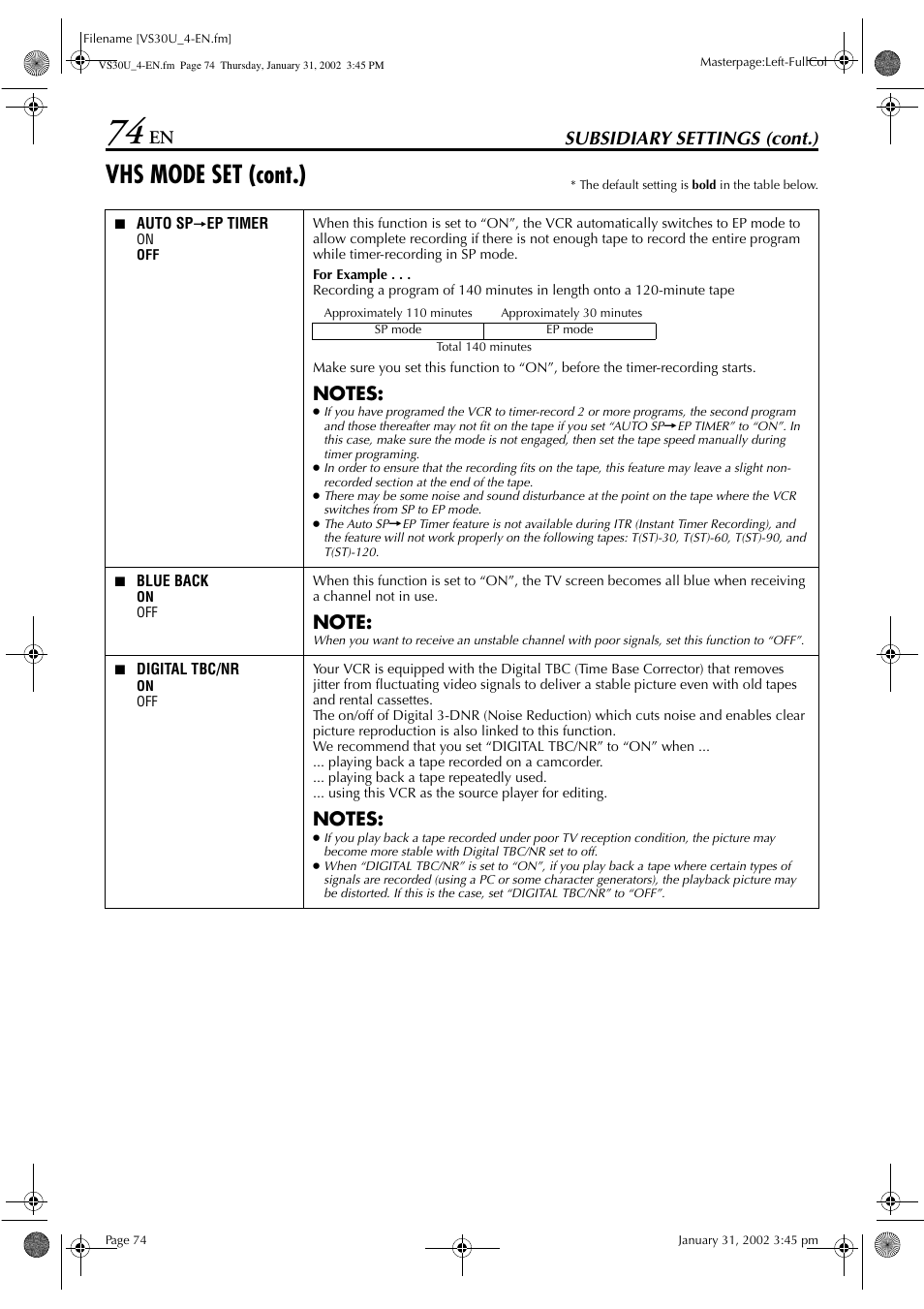 Vhs mode set (cont.), Subsidiary settings (cont.) | JVC SR-VS30U User Manual | Page 74 / 84