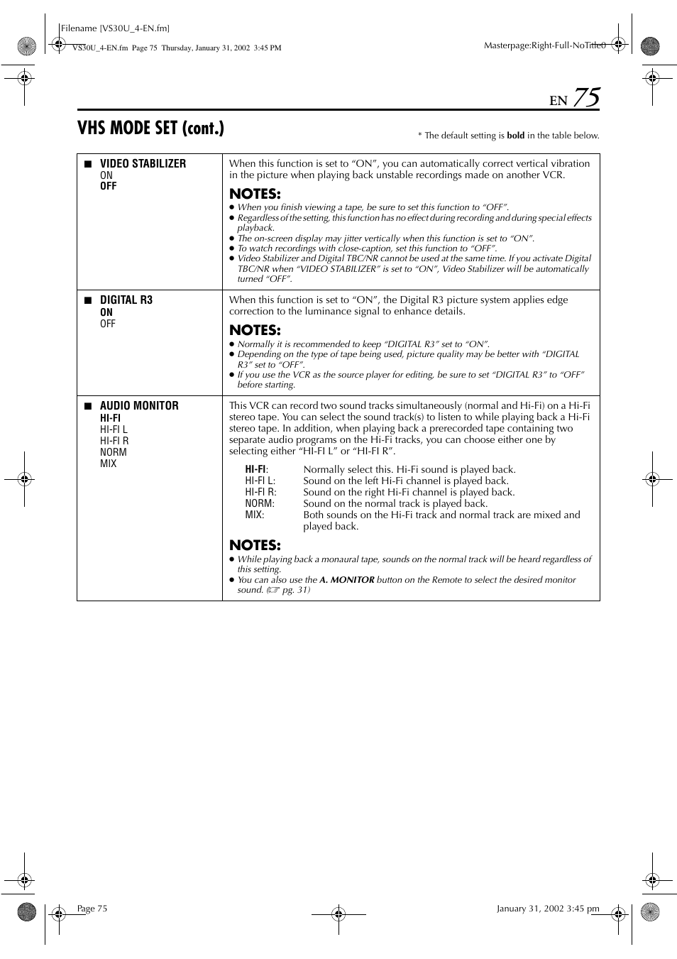 Vhs mode set (cont.) | JVC SR-VS30U User Manual | Page 75 / 84