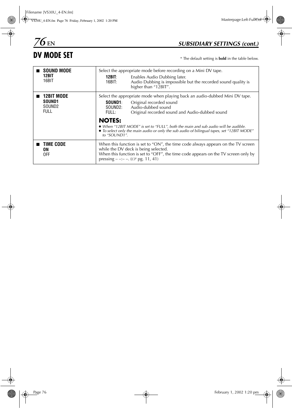 Dv mode set, Subsidiary settings (cont.) | JVC SR-VS30U User Manual | Page 76 / 84