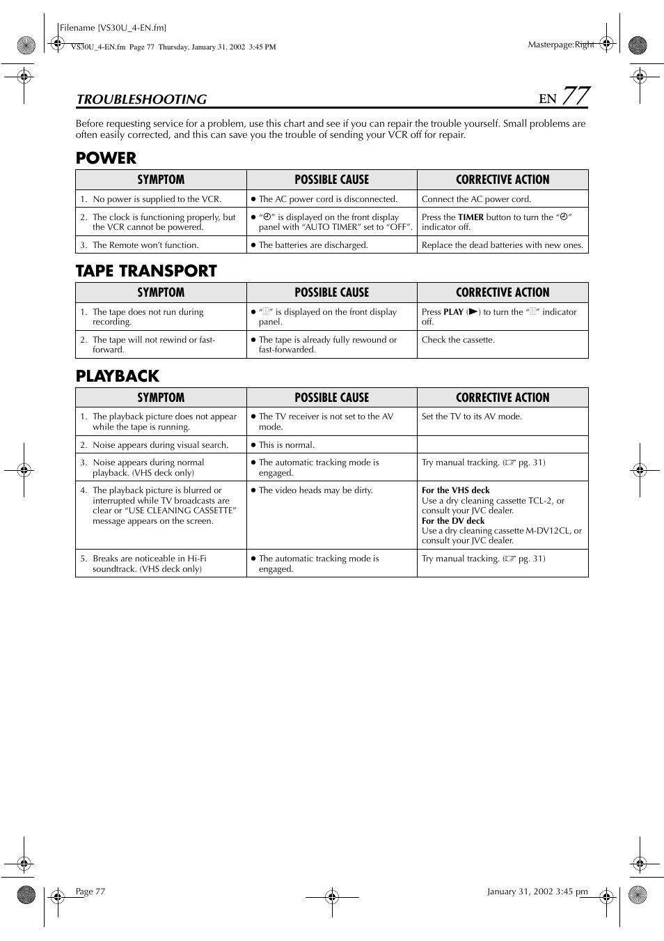 Power tape transport playback, Troubleshooting | JVC SR-VS30U User Manual | Page 77 / 84