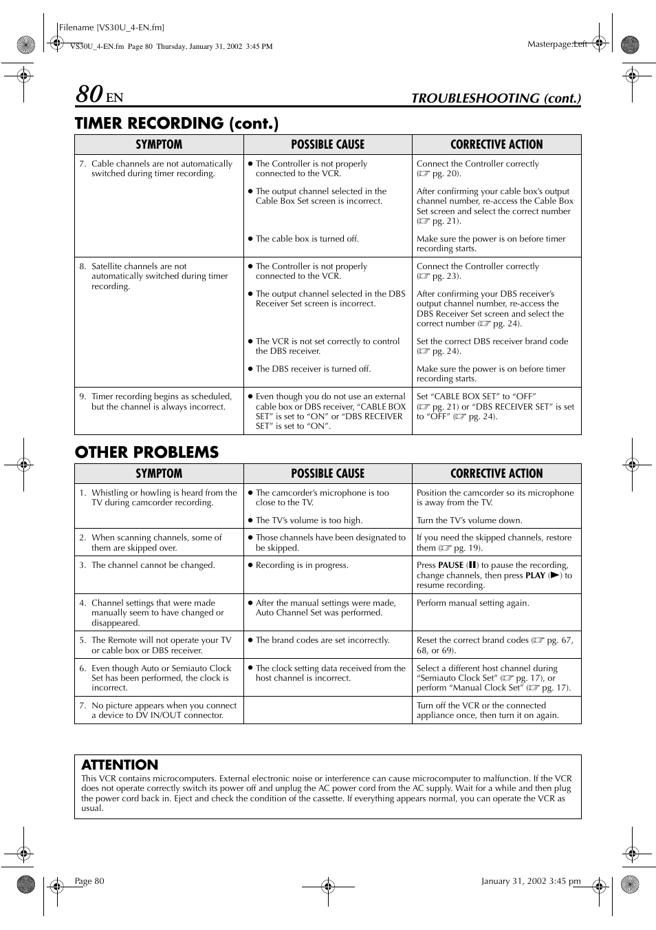 Timer recording (cont.) other problems, Troubleshooting (cont.), Attention | Symptom possible cause corrective action | JVC SR-VS30U User Manual | Page 80 / 84