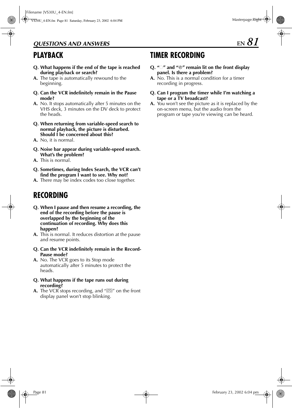 Playback, Recording, Timer recording | JVC SR-VS30U User Manual | Page 81 / 84