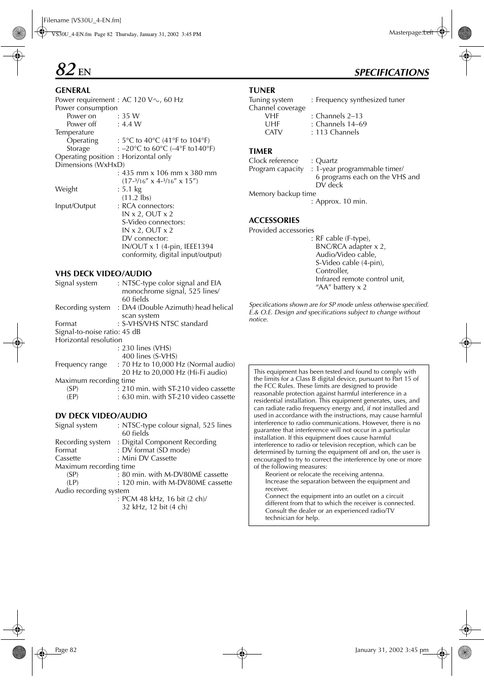 Specifications | JVC SR-VS30U User Manual | Page 82 / 84